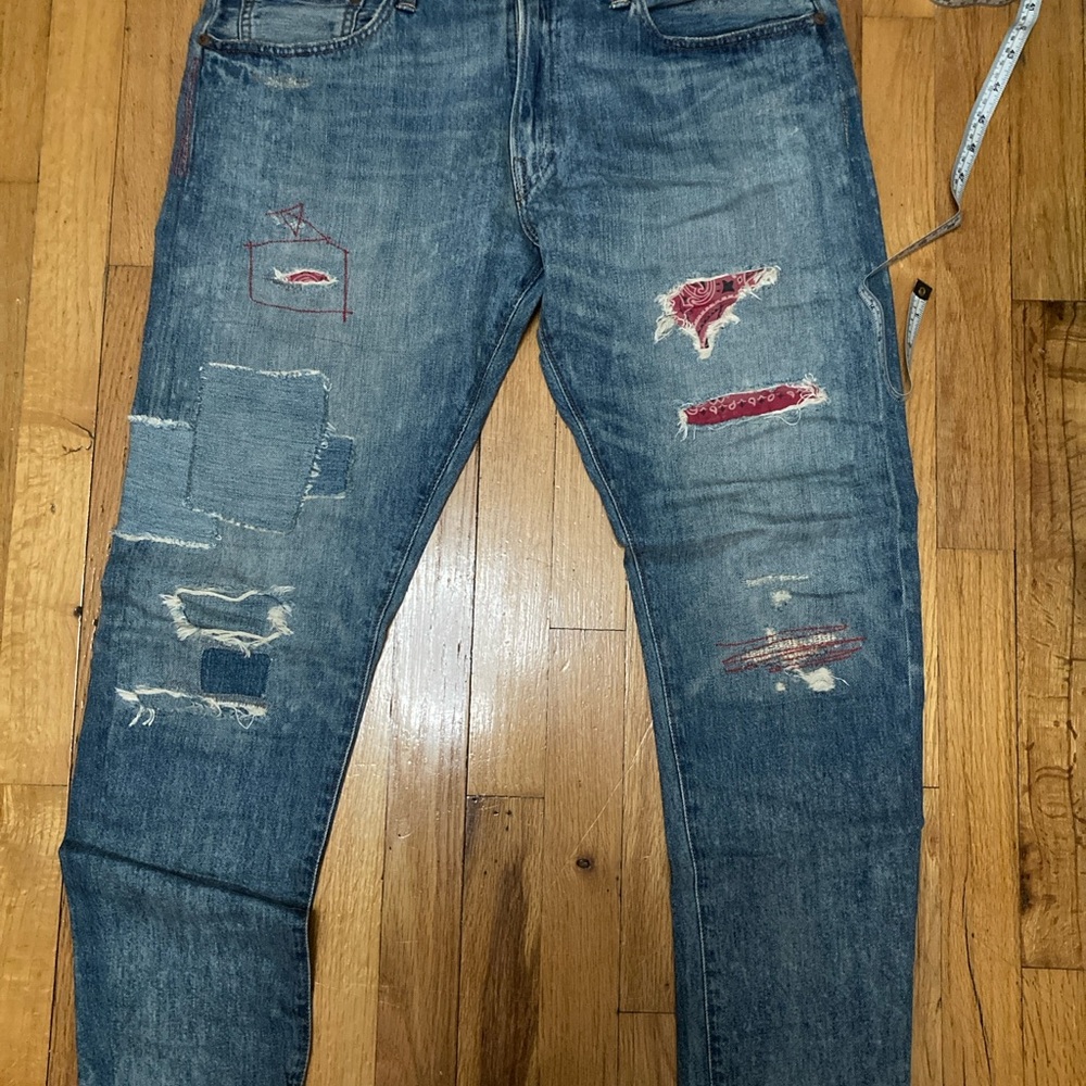 Polo Ralph Lauren Jeans Mens 33 Sullivan Slim Blue Denim Distressed Red Bandana